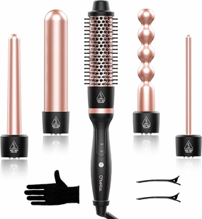 Curling Iron Set, O'bella 5 in 1 Curling Wand Set with Thermal Brush&4 Interchangeable Ceramic Curling Wand(0.35”-1.25”), 2 Temps Instantly Heating Hair Wand Curler