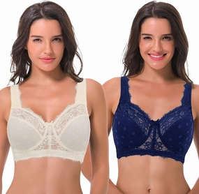 Curve Muse Women's Plus Size Minimizer Unlined Wireless Lace Full Coverage Bras