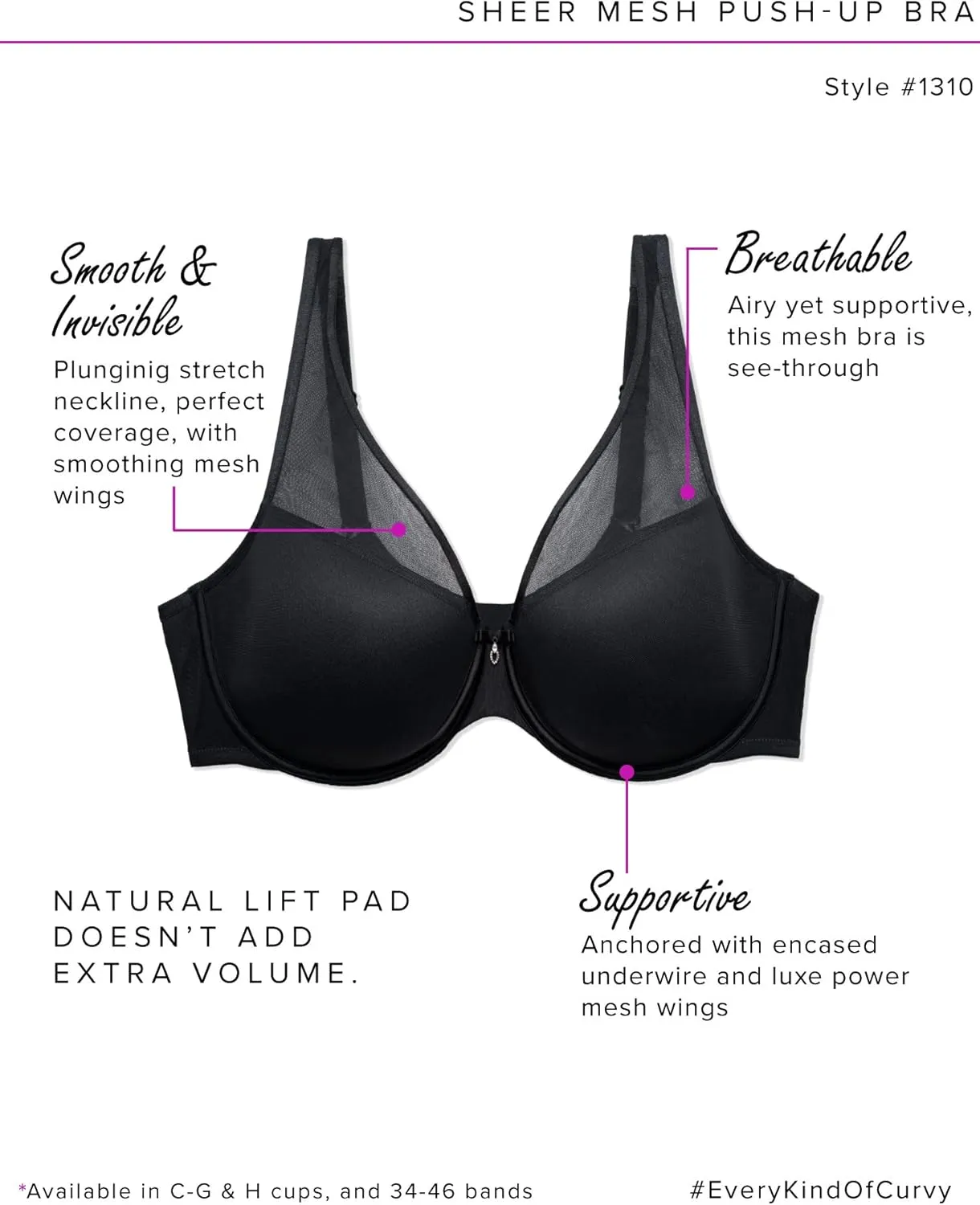 Curvy Couture Women's Plus Size Sheer Mesh T-Shirt Bra – Deep Plunge & Full Coverage Fit