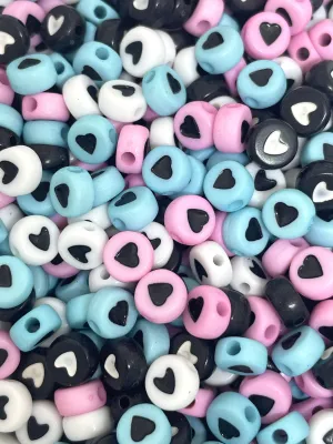 Cute Heart Coin Mix, Blue, Pink, White, and Black Heart Coin Beads for Bracelet, Word Jewelry
