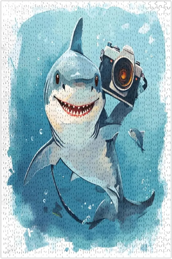 Cute Shark Camera Fish Jigsaw Puzzles for Adults 1000 Piece, Vertical Puzzle Exquisite Challenging Puzzle Game Experience 19.69x29.53 in