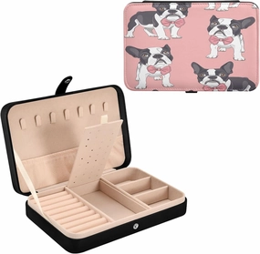 Cute Bulldog Pink Background PU Leather Travel Jewelry Organizer Case, Portable Jewellery Storage Holder Display for Ring Earrings Necklace Bracelet Bangle Watch Gift for Girl