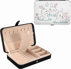 Cute Bunny and Bird PU Leather Travel Jewelry Organizer Case, Portable Jewellery Storage Holder Display for Ring Earrings Necklace Bracelet Bangle Watch Gift for Girl
