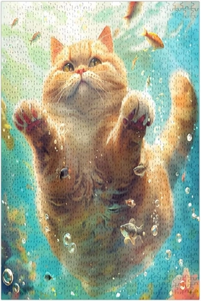Cute Orange Cat Fishes Jigsaw Puzzles for Adults 1000 Piece, Vertical Puzzle Exquisite Challenging Puzzle Game Experience 19.69x29.53 in