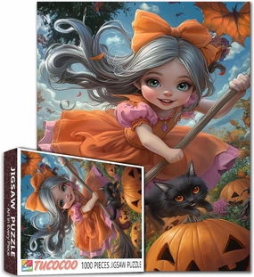 Cute Witch Girl with Black Cat Flying On Broom 1000 Piece Jigsaw Puzzle for Adults Students Halloween Pumpkin Fairy Tale Art Colorful Sky 20×27 Inch Puzzles Fantasy Fall Leaves Home Wall Decor Gifts