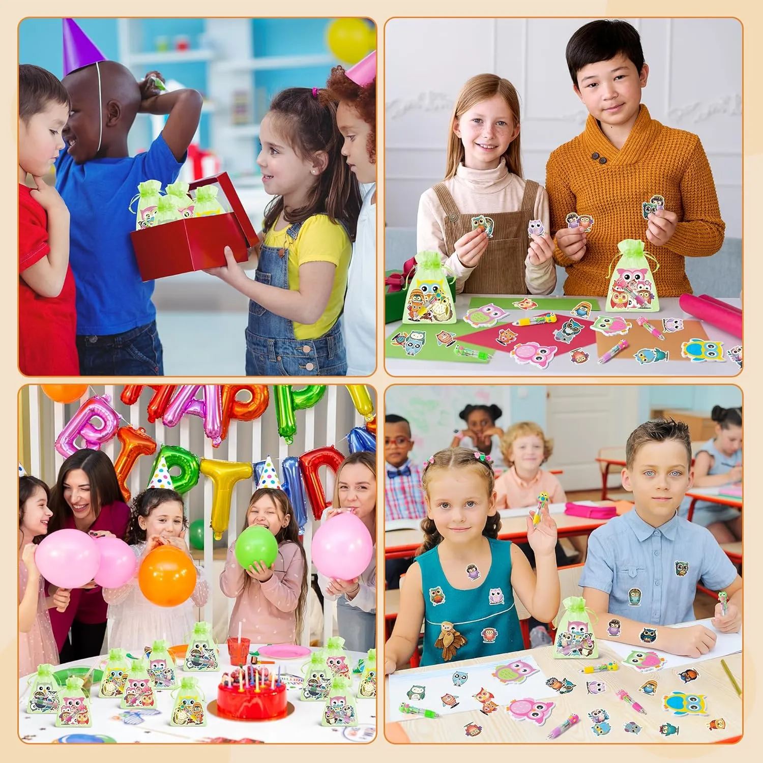 CY2SIDE Owl Stationery Party Gift - 24 Pack Fun Animal Prizes Set Include 4-in-1 Ballpoint Pen Sticky Note Sticker and Organza for Kids, Owl Theme Party Favors Goodie Bag Fillers for School Rewards