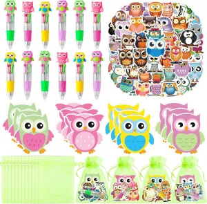 CY2SIDE Owl Stationery Party Gift - 24 Pack Fun Animal Prizes Set Include 4-in-1 Ballpoint Pen Sticky Note Sticker and Organza for Kids, Owl Theme Party Favors Goodie Bag Fillers for School Rewards