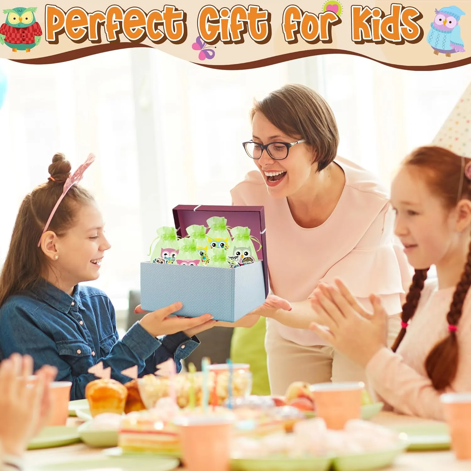 CY2SIDE Owl Stationery Party Gift - 24 Pack Fun Animal Prizes Set Include 4-in-1 Ballpoint Pen Sticky Note Sticker and Organza for Kids, Owl Theme Party Favors Goodie Bag Fillers for School Rewards