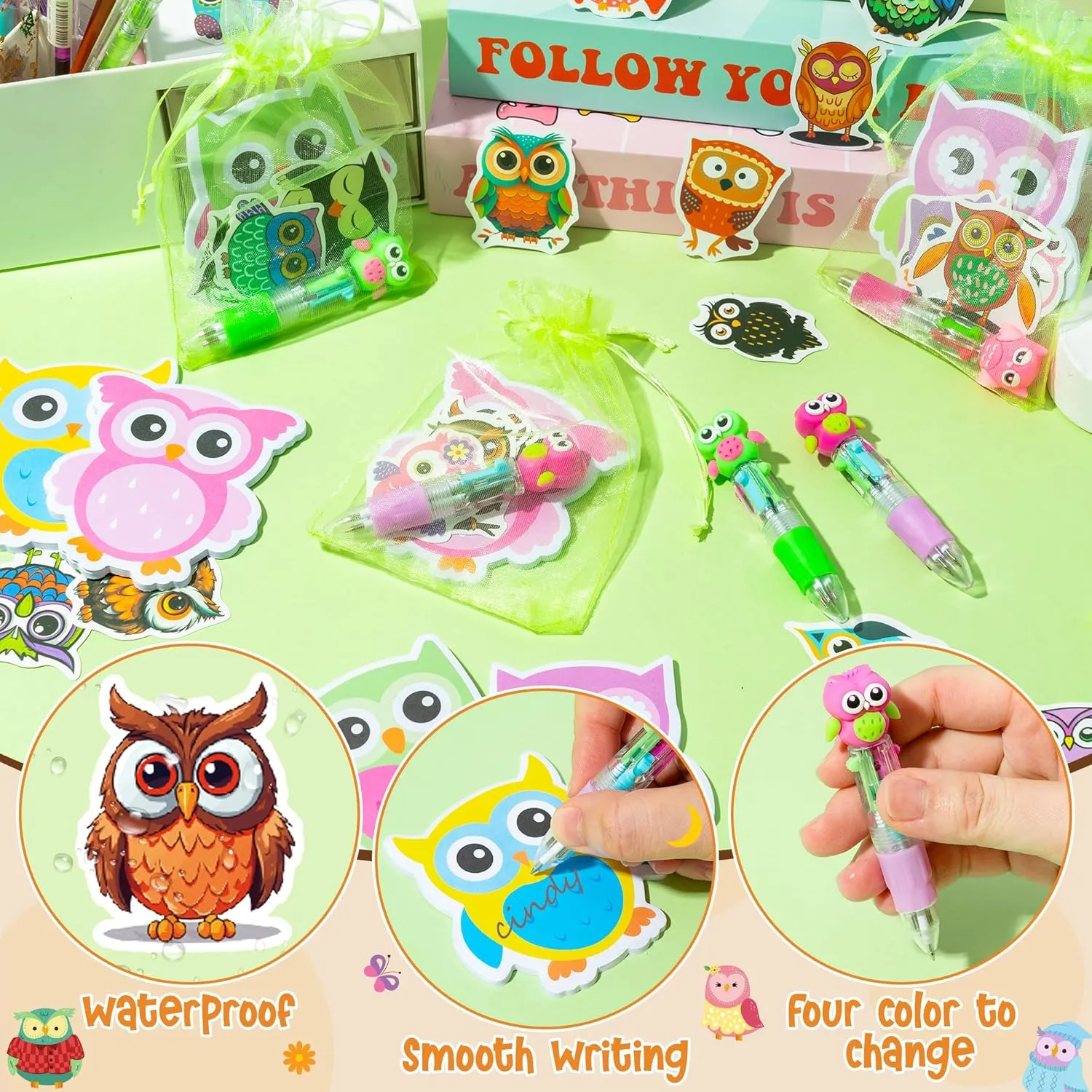 CY2SIDE Owl Stationery Party Gift - 24 Pack Fun Animal Prizes Set Include 4-in-1 Ballpoint Pen Sticky Note Sticker and Organza for Kids, Owl Theme Party Favors Goodie Bag Fillers for School Rewards
