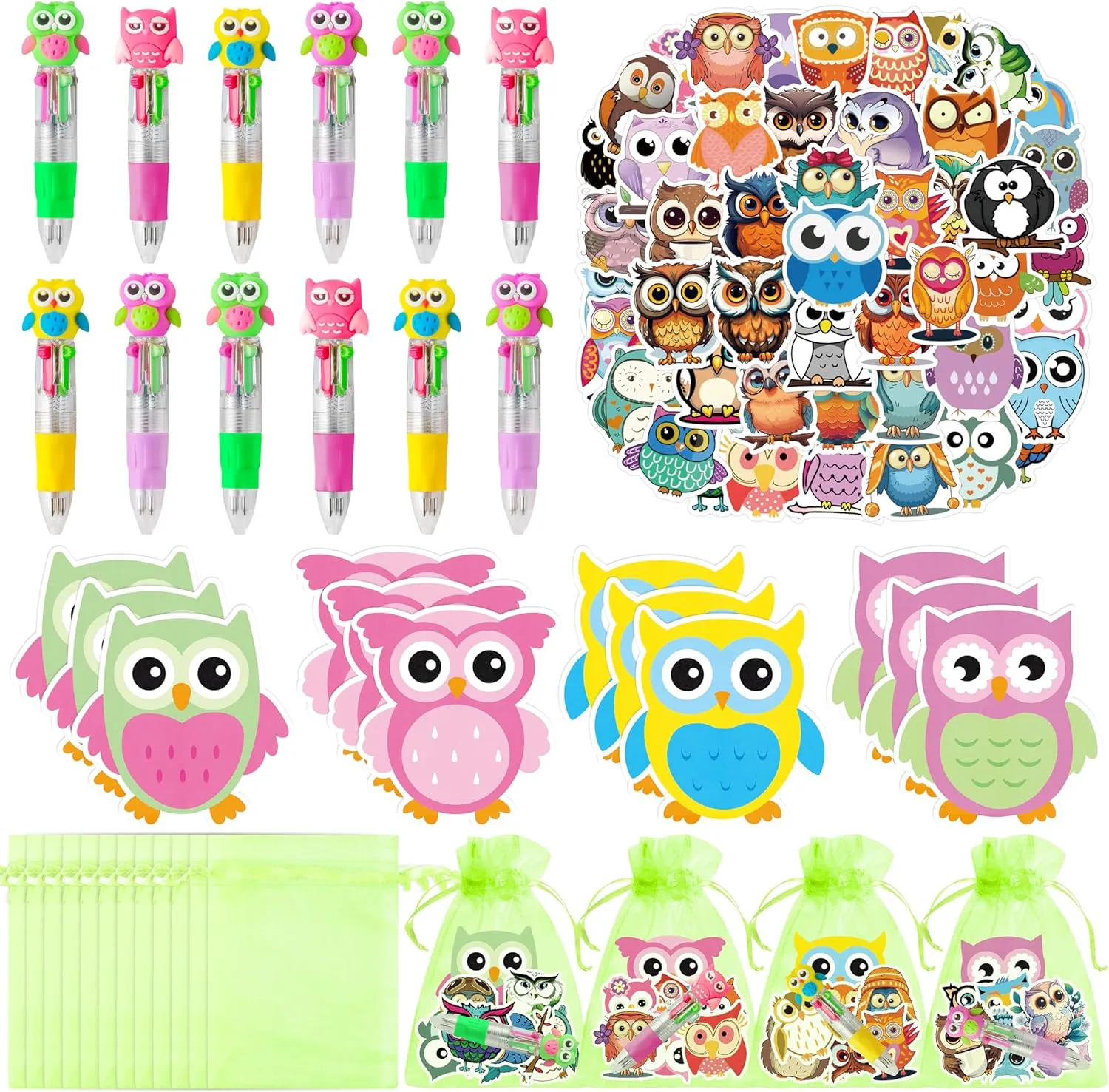 CY2SIDE Owl Stationery Party Gift - 24 Pack Fun Animal Prizes Set Include 4-in-1 Ballpoint Pen Sticky Note Sticker and Organza for Kids, Owl Theme Party Favors Goodie Bag Fillers for School Rewards