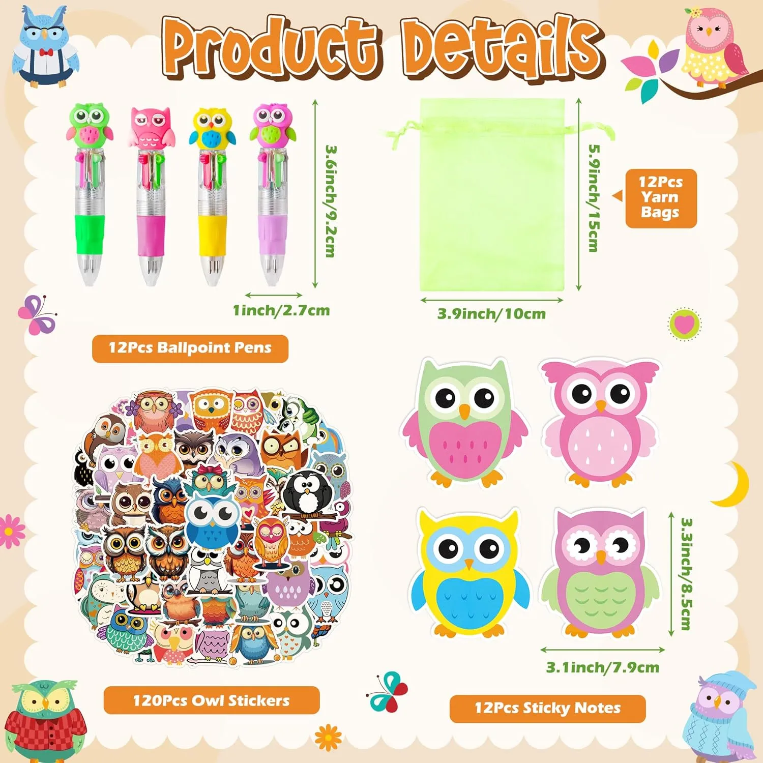 CY2SIDE Owl Stationery Party Gift - 24 Pack Fun Animal Prizes Set Include 4-in-1 Ballpoint Pen Sticky Note Sticker and Organza for Kids, Owl Theme Party Favors Goodie Bag Fillers for School Rewards