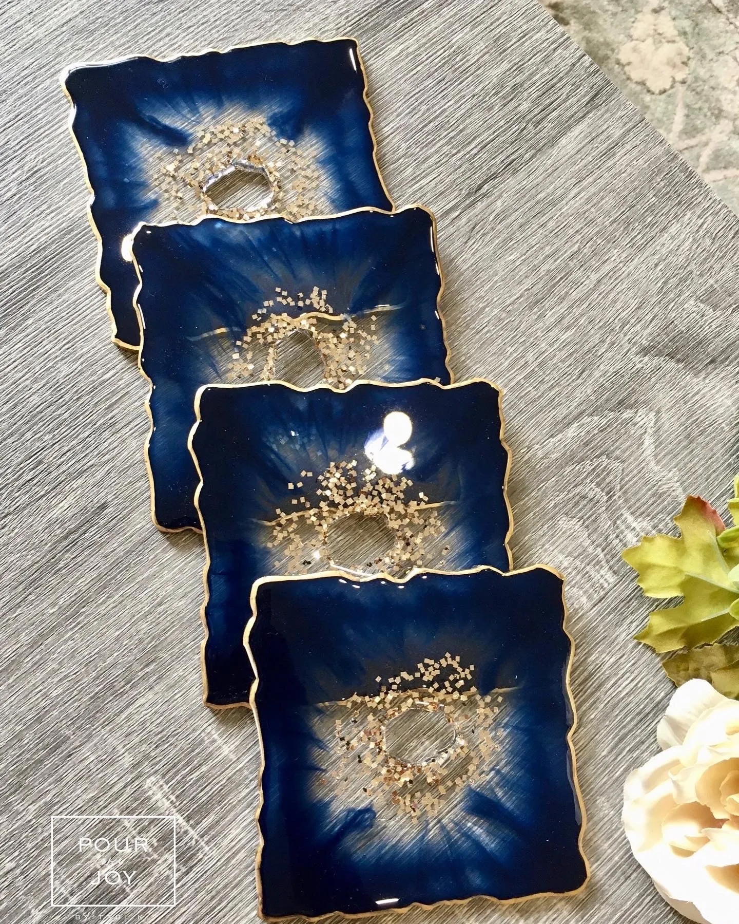 Deep Blue and Gold Coaster Set of 4 - Resin and Gold Sparkles
