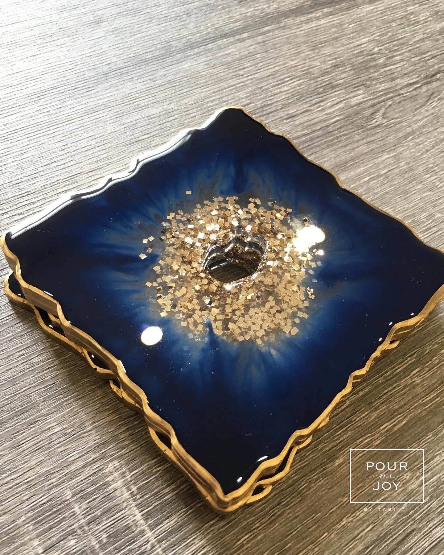 Deep Blue and Gold Coaster Set of 4 - Resin and Gold Sparkles