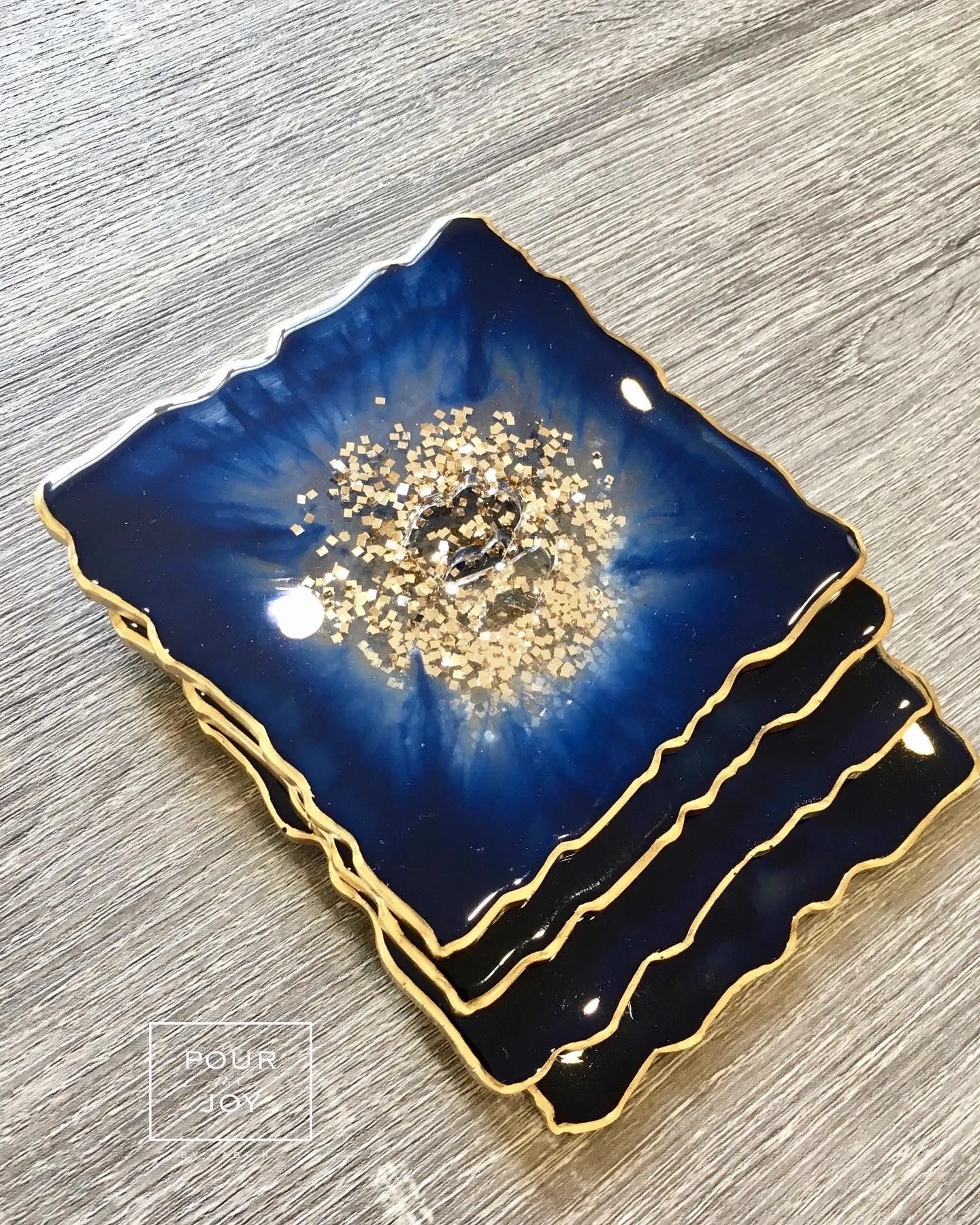 Deep Blue and Gold Coaster Set of 4 - Resin and Gold Sparkles
