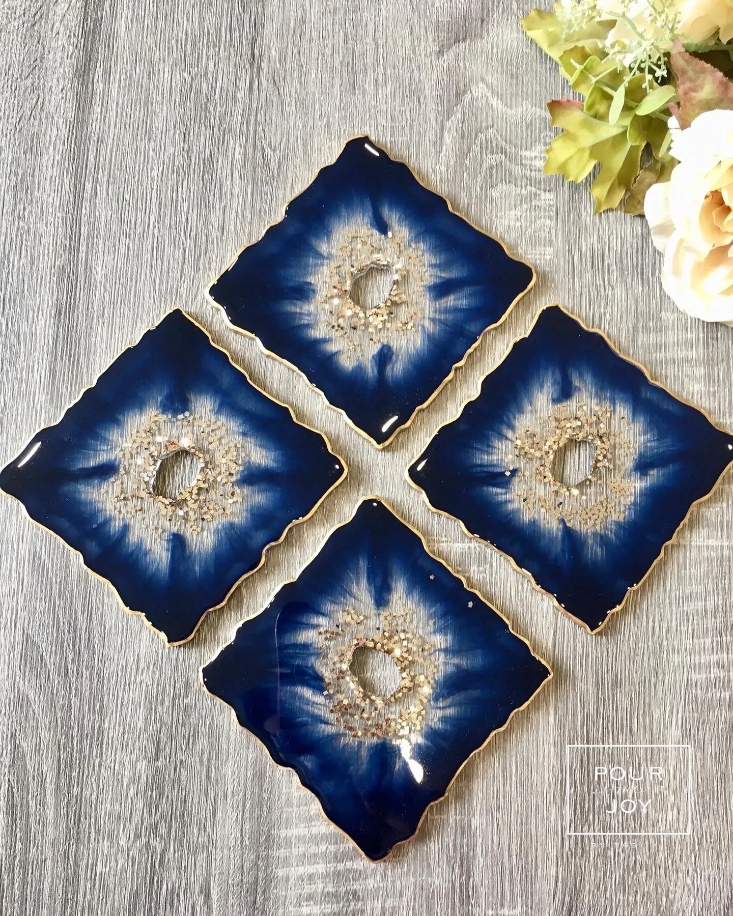 Deep Blue and Gold Coaster Set of 4 - Resin and Gold Sparkles