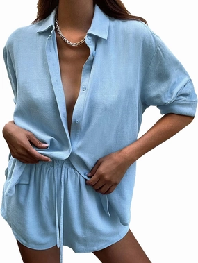 DEEP SELF 2 Piece Outfits for Women Summer Botton Down Long Sleeve Shirt and Shorts Set Pajamas Sets Tracksuit with Pockets