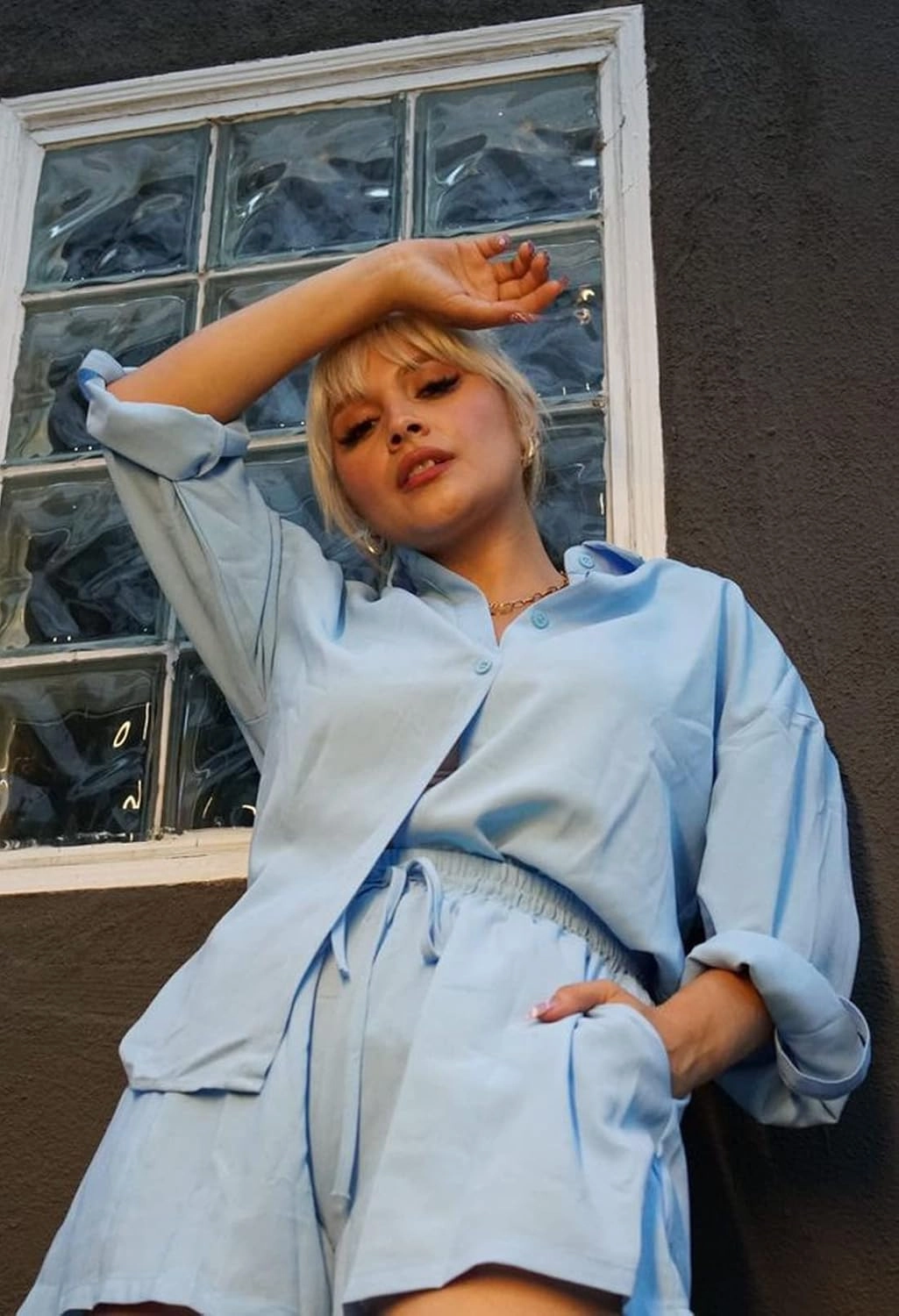 DEEP SELF 2 Piece Outfits for Women Summer Botton Down Long Sleeve Shirt and Shorts Set Pajamas Sets Tracksuit with Pockets
