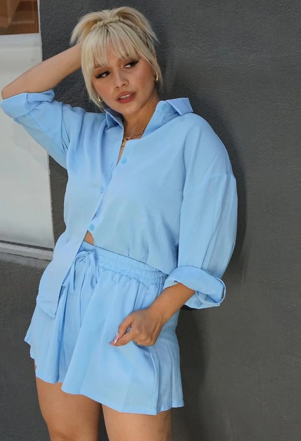 DEEP SELF 2 Piece Outfits for Women Summer Botton Down Long Sleeve Shirt and Shorts Set Pajamas Sets Tracksuit with Pockets