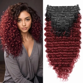 Deep Wave Clip In Hair Extension Human Hair Feeling Double Weft Hairpiece Synthetic For Women Thick Ombre Hair Extension Clips Natural Looking 24 Inch(T1B/BURG)