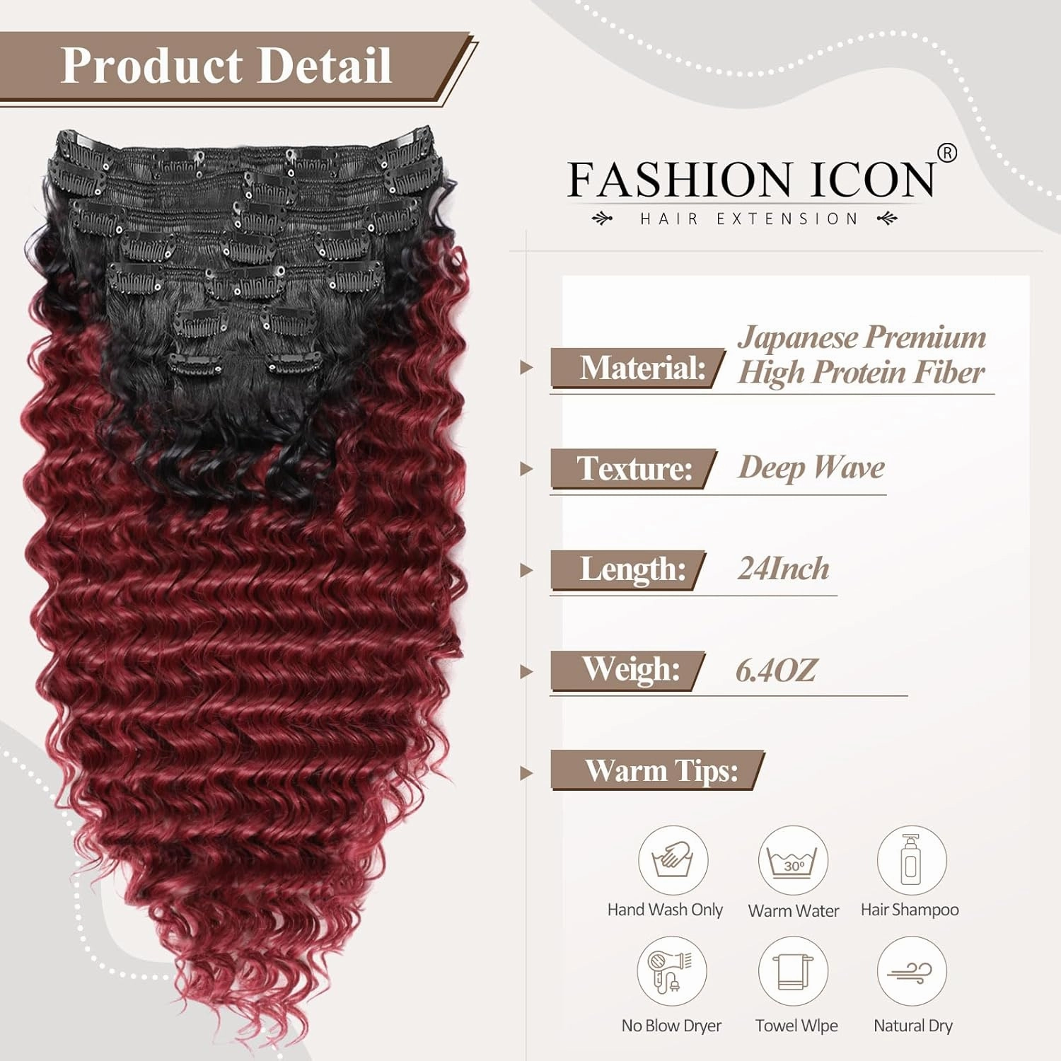 Deep Wave Clip In Hair Extension Human Hair Feeling Double Weft Hairpiece Synthetic For Women Thick Ombre Hair Extension Clips Natural Looking 24 Inch(T1B/BURG)