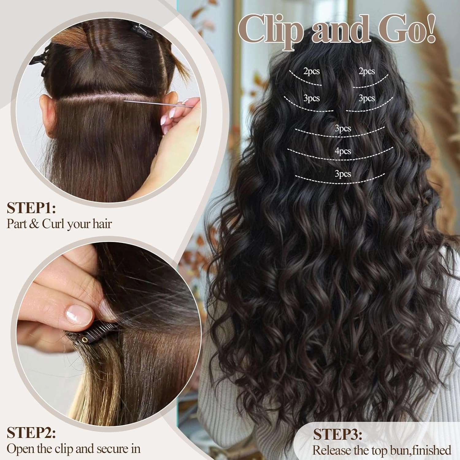 Deep Wave Clip In Hair Extension Human Hair Feeling Double Weft Hairpiece Synthetic For Women Thick Ombre Hair Extension Clips Natural Looking 24 Inch(T1B/BURG)