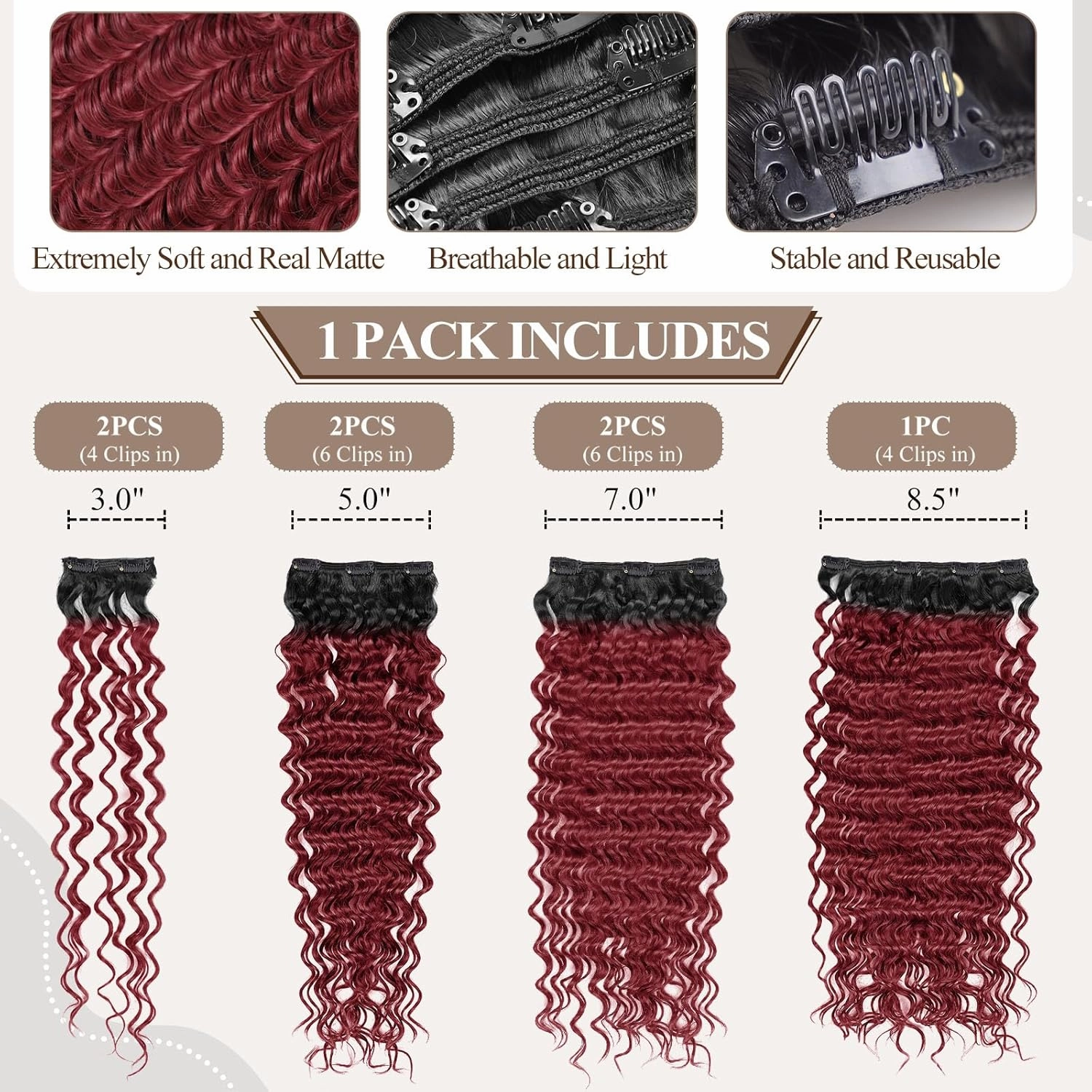 Deep Wave Clip In Hair Extension Human Hair Feeling Double Weft Hairpiece Synthetic For Women Thick Ombre Hair Extension Clips Natural Looking 24 Inch(T1B/BURG)