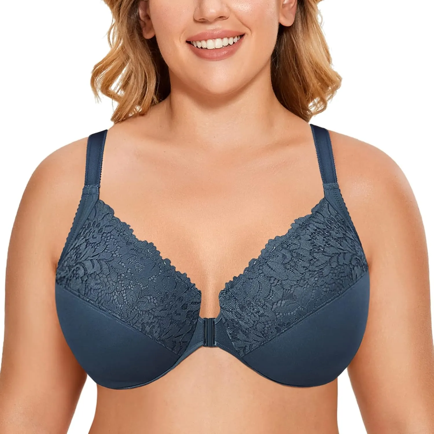 DELIMIRA Women's Front Closure Plus Size Full Coverage Lace Underwire Racerback Bra
