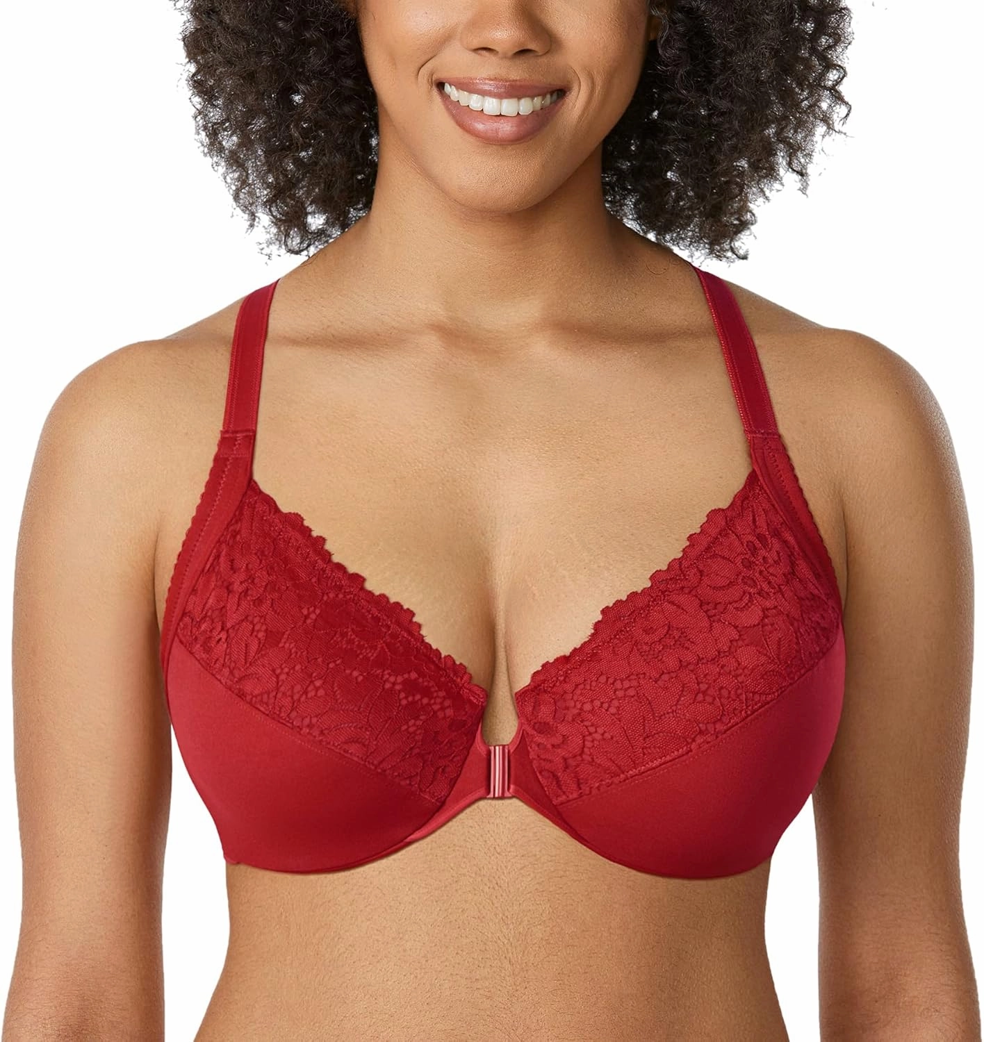 DELIMIRA Women's Front Closure Plus Size Full Coverage Lace Underwire Racerback Bra