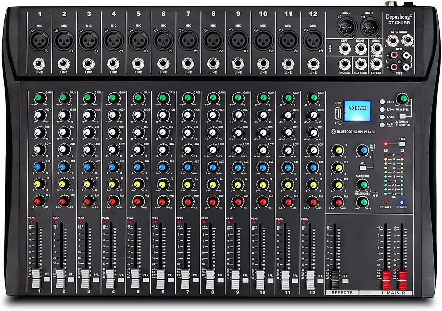 Depusheng DT12 Studio Audio Mixer 12-Channel DJ Sound Controller Interface w/USB Drive for Computer Recording Input, XLR Microphone Jack, 48V Power, RCA Input/Output for Professional and Beginners