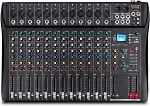 Depusheng DT12 Studio Audio Mixer 12-Channel DJ Sound Controller Interface w/USB Drive for Computer Recording Input, XLR Microphone Jack, 48V Power, RCA Input/Output for Professional and Beginners