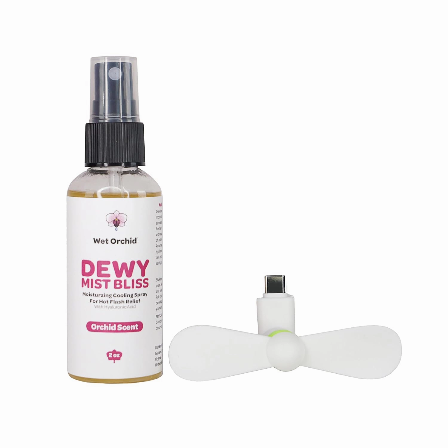 Dewy Mist Bliss Moisturizing Cooling Spray for Hot Flash Relief with Hyaluronic Acid 2 oz. and Mini Portable USB-C (Android) Fan in White