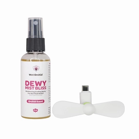Dewy Mist Bliss Moisturizing Cooling Spray for Hot Flash Relief with Hyaluronic Acid 2 oz. and Mini Portable USB-C (Android) Fan in White