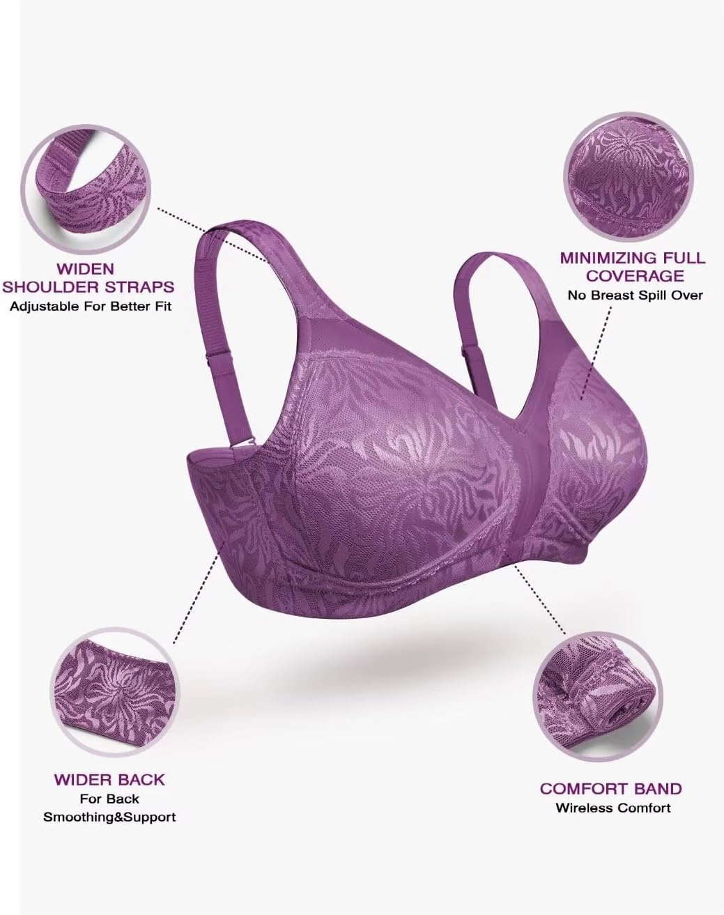 Deyllo Women's Full Coverage Plus Size Comfort Minimizer Bra Wirefree Non Padded