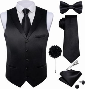 DiBanGu Formal Suit Vest Tie Set for Men Classic Solid Notch Lapel Dress Waistcoat Satin Vest Bowtie for Wedding Party