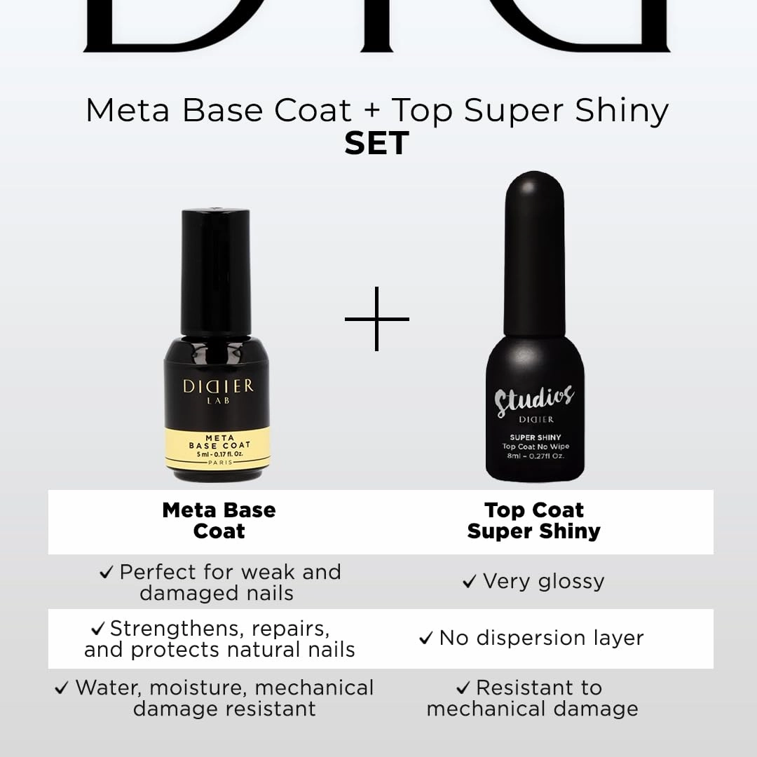 Didier Lab - Premium Gel Nail Polish Kit - Base Coat Nail Polish Meta- Super Shiny No Wipe Gel Top Coat - Clear Nail Polish Gel -LED UV Gel Polish Set - Gel Top and Base Coat - Soak Off Gel Polish Kit