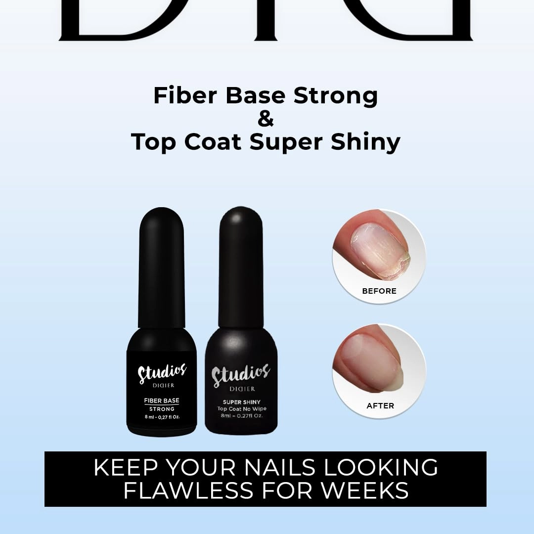 DIDIER LAB - Premium Gel Nail Polish Set -Fiber Nail Base Coat Strong - Super Shiny No Wipe Gel Top Coat - Clear Nail Polish Gel - Soak off LED UV Gel Polish Set - Gel Base Coat Nail Polish Top Coat