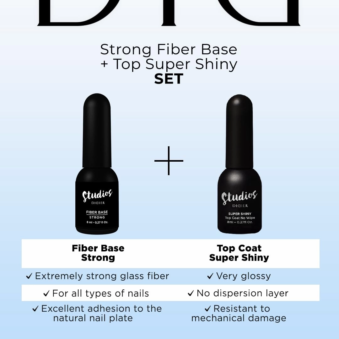 DIDIER LAB - Premium Gel Nail Polish Set -Fiber Nail Base Coat Strong - Super Shiny No Wipe Gel Top Coat - Clear Nail Polish Gel - Soak off LED UV Gel Polish Set - Gel Base Coat Nail Polish Top Coat