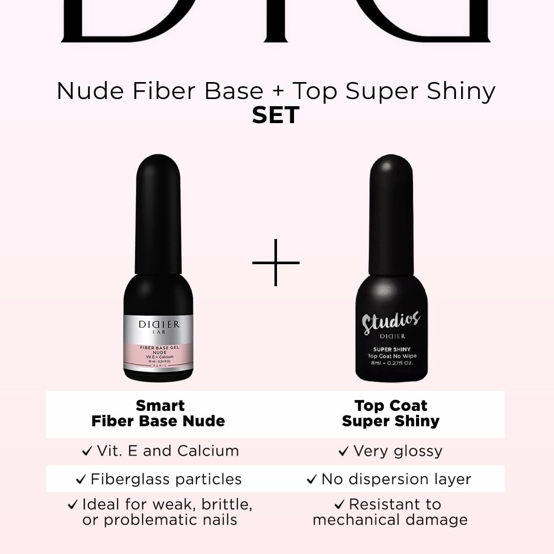 Didier Lab -Premium Gel Nail Polish Set Fiber Base Coat Nail Polish Nude with Vitamins - Super Shiny Clear Gel Top Coat No Wipe - Nude Nail Polish Gel - LED UV Gel Polish Set - Soak Off Gel Polish Kit