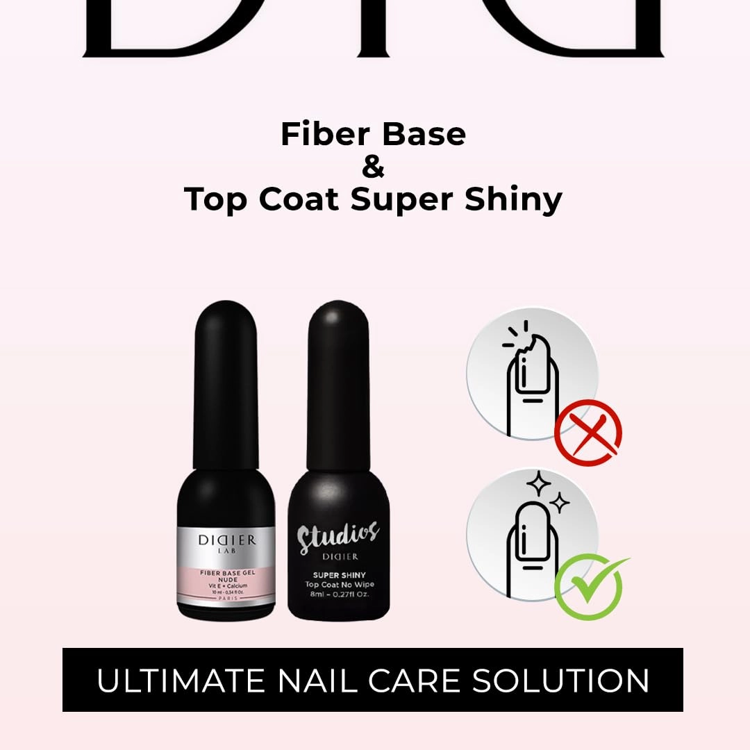 Didier Lab -Premium Gel Nail Polish Set Fiber Base Coat Nail Polish Nude with Vitamins - Super Shiny Clear Gel Top Coat No Wipe - Nude Nail Polish Gel - LED UV Gel Polish Set - Soak Off Gel Polish Kit