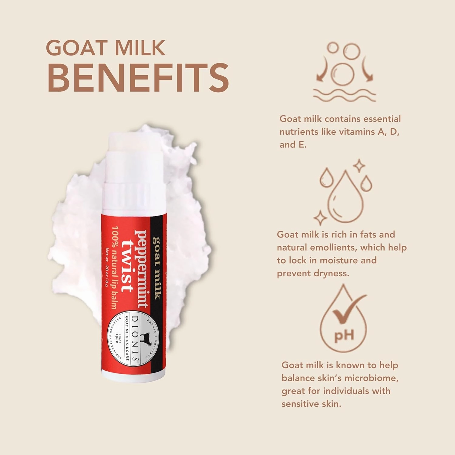 Dionis - Goat Milk Skincare Scented Lip Balm, Set of 6 (0.28 oz), Moisturize Dry and Chapped Lips, Cruelty-free and Paraben-free (Peppermint Twist)