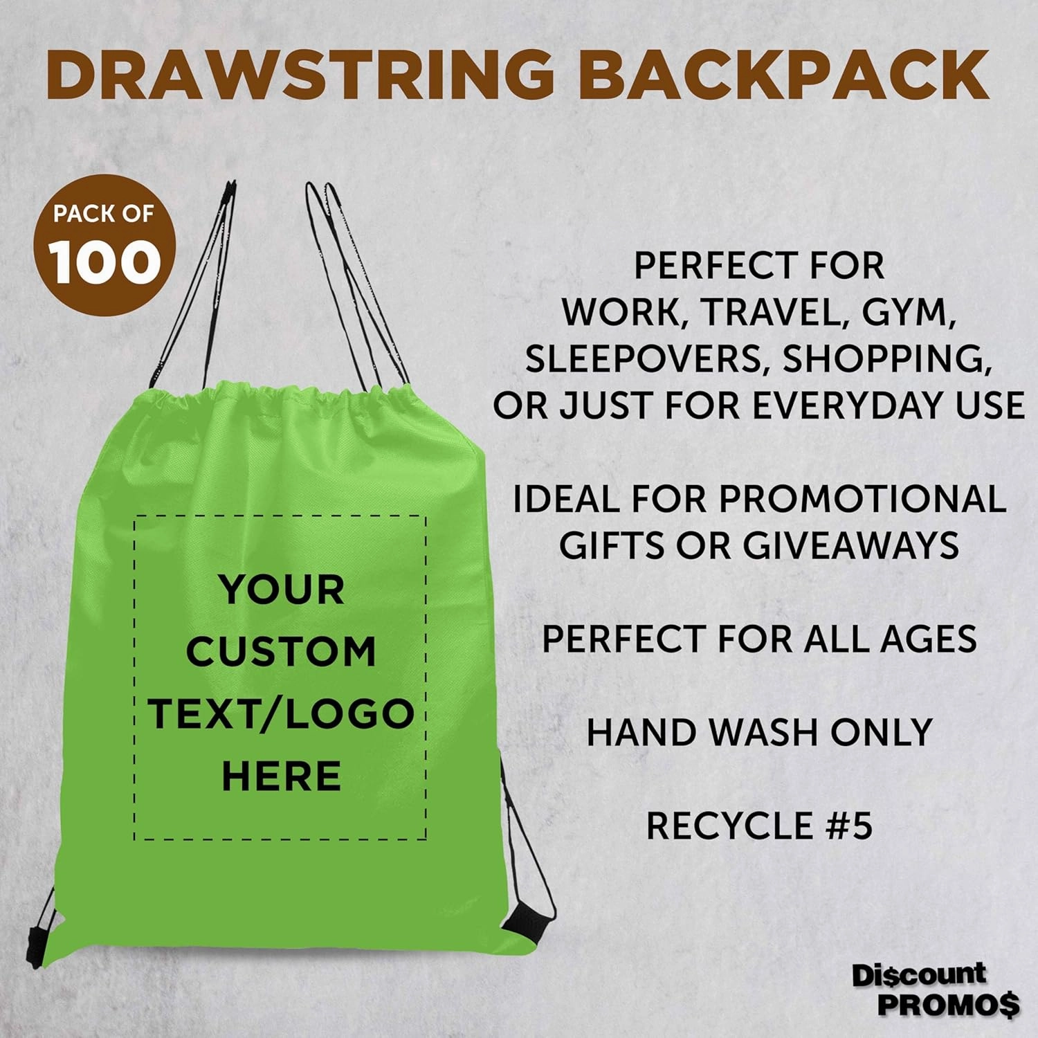 DISCOUNT PROMOS Custom Non-Woven Drawstring Backpacks Set of 100, Personalized Bulk Pack - Bring Everywhere You Go, Great for Travelling, Gym and for Everyday Use - Lime Green