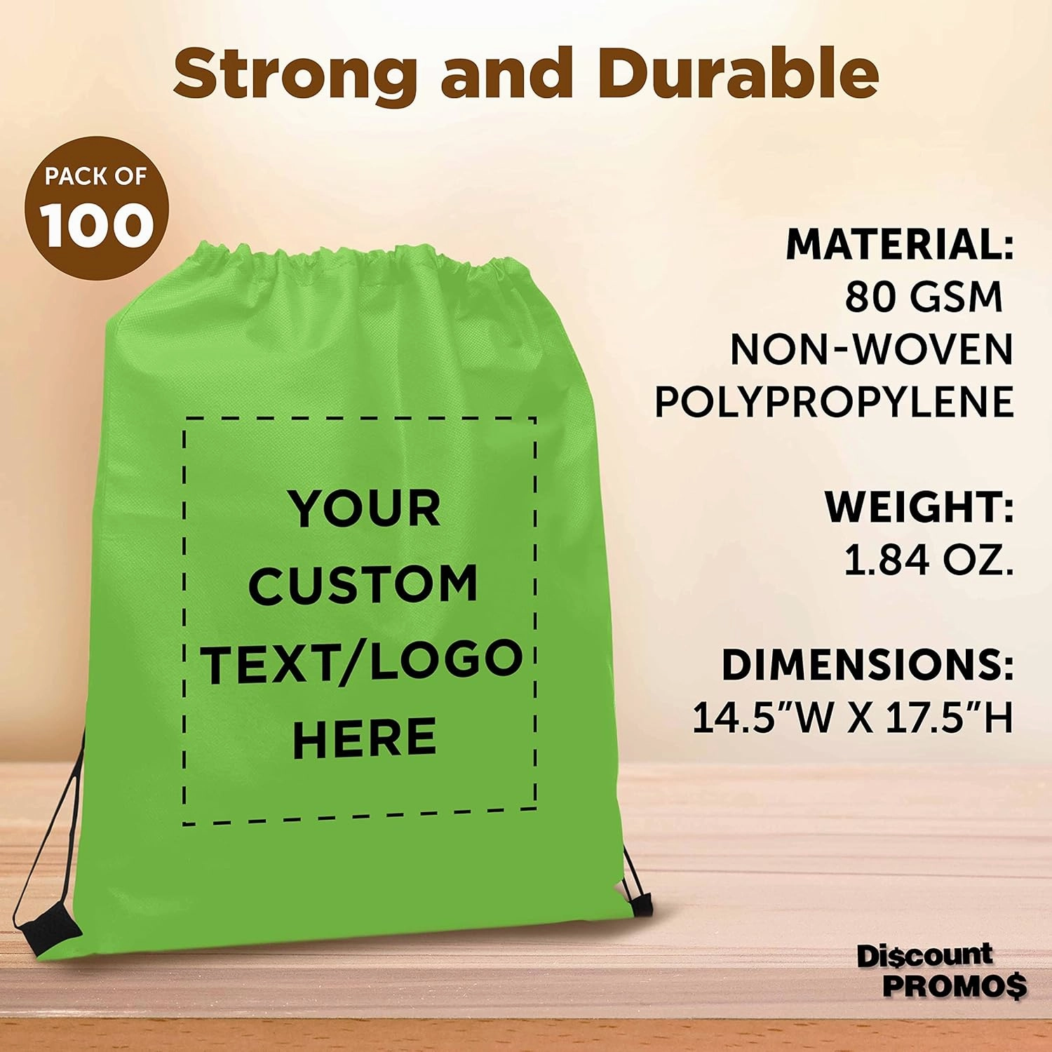 DISCOUNT PROMOS Custom Non-Woven Drawstring Backpacks Set of 100, Personalized Bulk Pack - Bring Everywhere You Go, Great for Travelling, Gym and for Everyday Use - Lime Green
