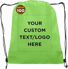 DISCOUNT PROMOS Custom Non-Woven Drawstring Backpacks Set of 100, Personalized Bulk Pack - Bring Everywhere You Go, Great for Travelling, Gym and for Everyday Use - Lime Green