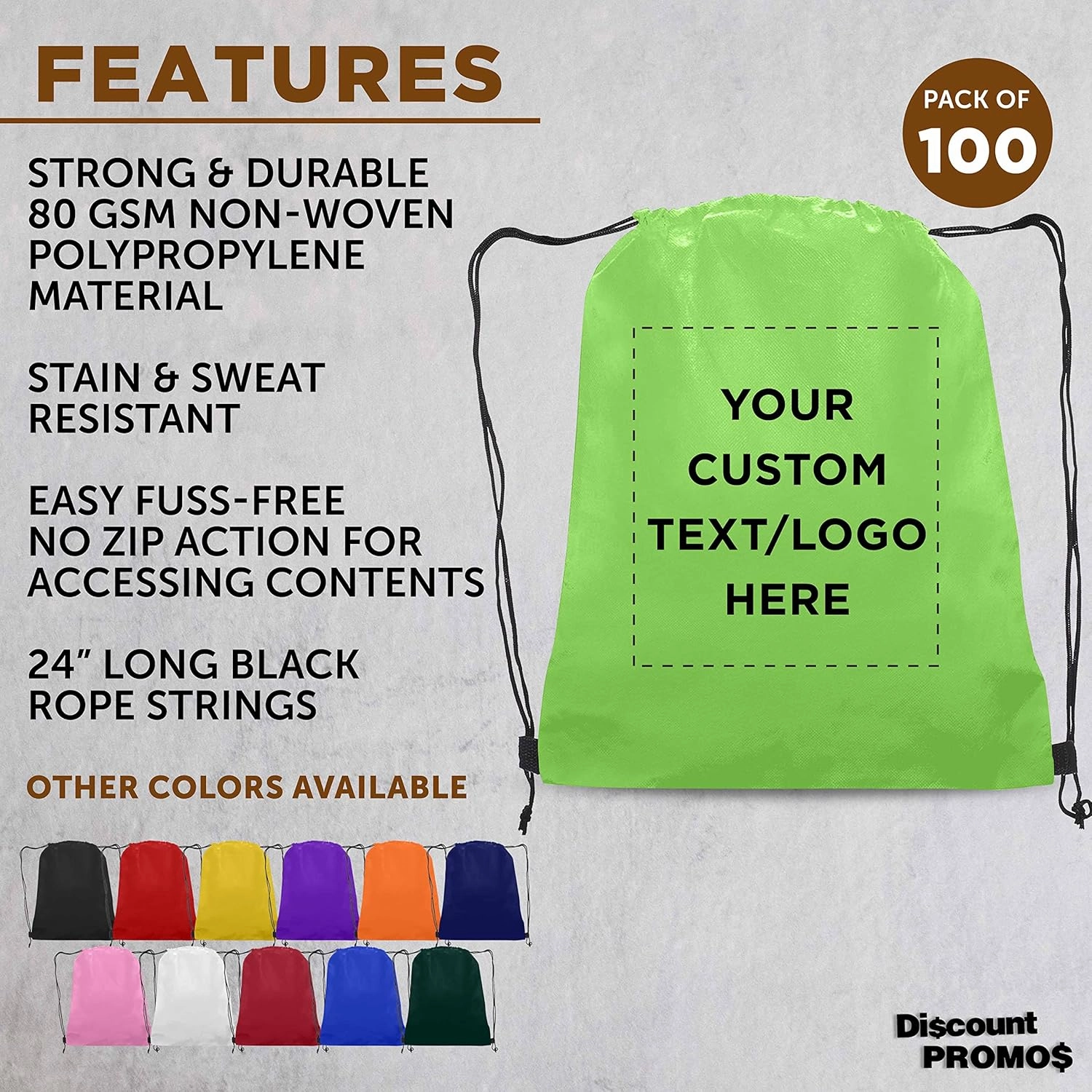 DISCOUNT PROMOS Custom Non-Woven Drawstring Backpacks Set of 100, Personalized Bulk Pack - Bring Everywhere You Go, Great for Travelling, Gym and for Everyday Use - Lime Green