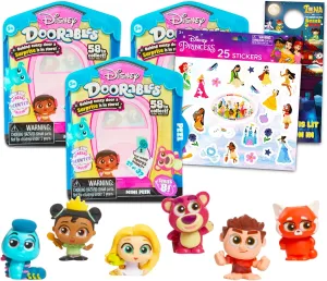 Disney Doorables Mega Pack - Bundle of 3 Disney Doorables Mini Peek Figures for Kids and Adults Plus Palace Pets Stickers | Disney Collectibles Toys