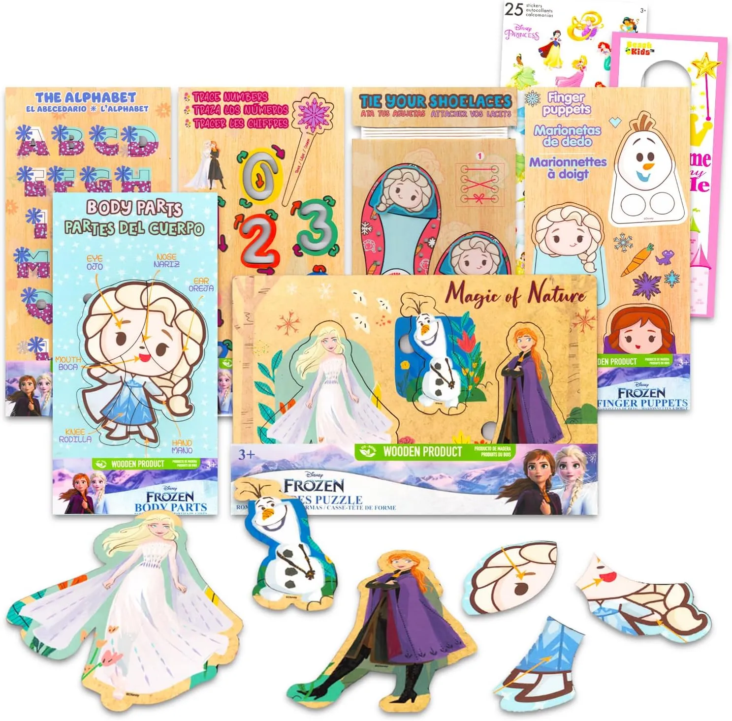 Disney Frozen Wood Puzzles 6 Pack - Bundle with 6 Educational Puzzles with Alphabet, Numbers, Body Parts, Shoe Tying Plus Stickers, More | Disney Frozen Educational Toys for Toddlers
