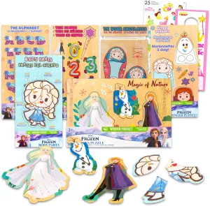 Disney Frozen Wood Puzzles 6 Pack - Bundle with 6 Educational Puzzles with Alphabet, Numbers, Body Parts, Shoe Tying Plus Stickers, More | Disney Frozen Educational Toys for Toddlers