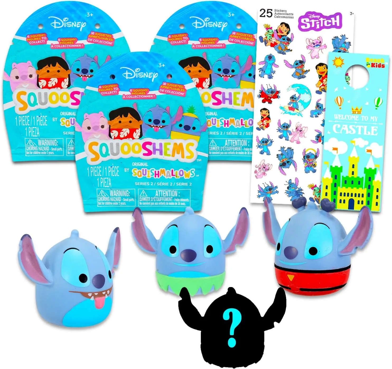 Disney Stitch Squooshems Mystery Blind Bags Set - Bundle with 3 Lilo and Stitch Mini Squishmallows Squishy Toys Plus Stickers & Door Hanger for Kids, Boys, Girls | Disney Squishmallow Goodie Bags