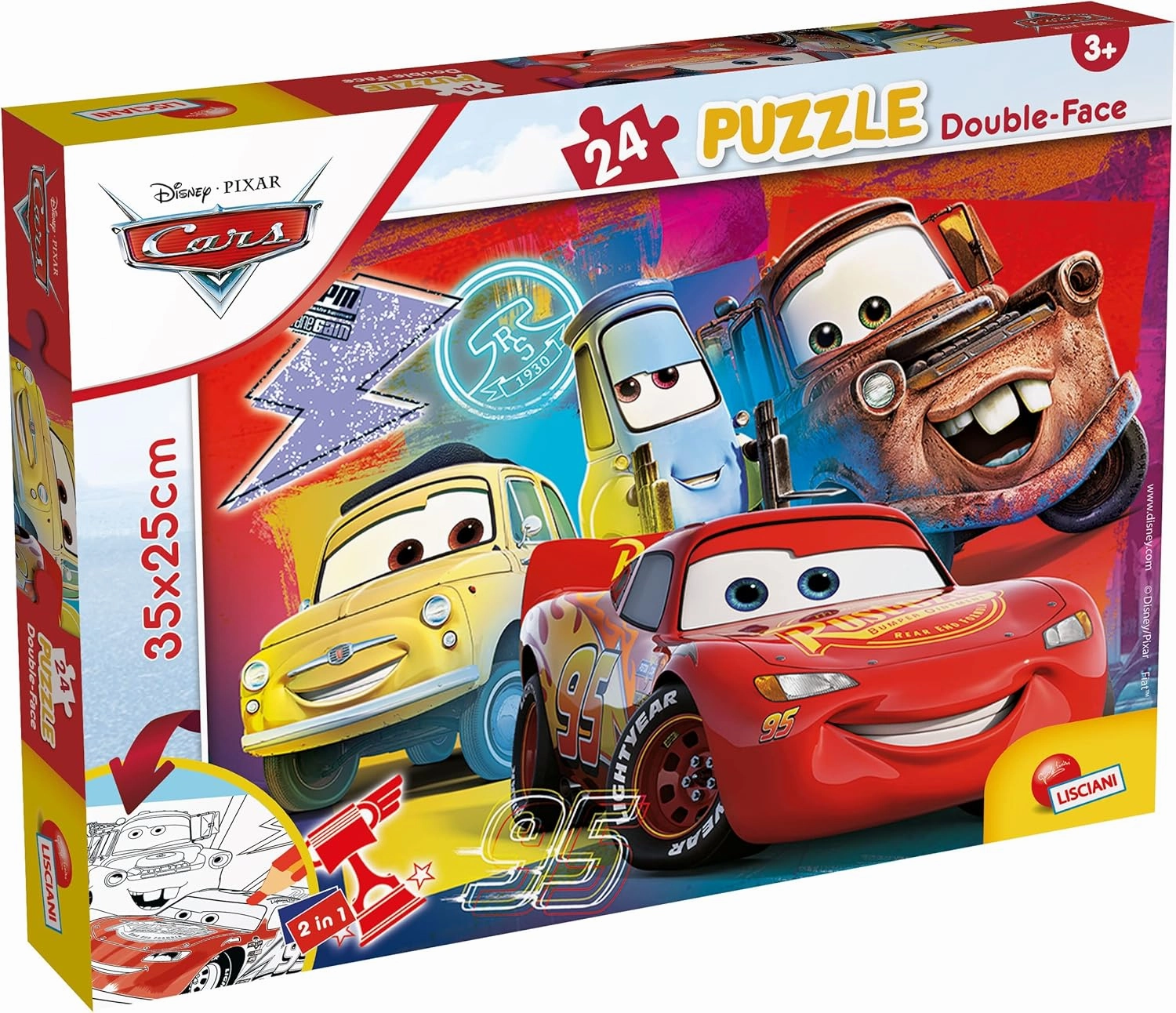 Disney Cars - 24 Pieces - for Children from 3 Years Old - 2-in-1 Double-Sided Puzzle - Coloring Back - Develops Creativity and Fine Motor Skills - Made in Italy
