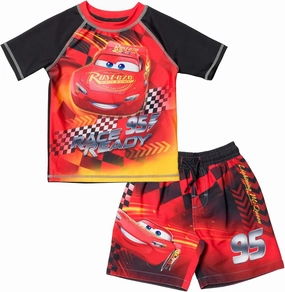 Disney Cars UPF 50  Rash Guard Shirt and Swim Trunks Outfit Set Toddler to Little Kid Sizes (2T - 7-8)